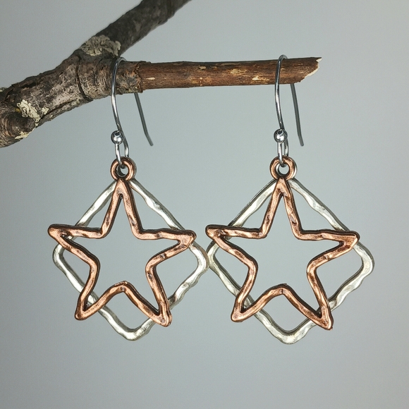 Hand Crafted Jewelry - HAND CRAFTED EARRINGS Boho Celestial Copper Star Silver Mixed Metal Dangle Drop